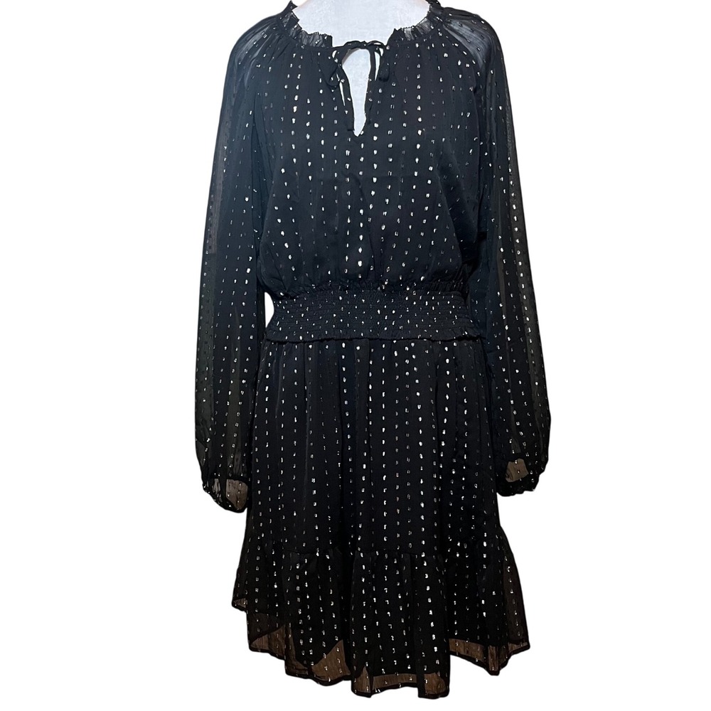 ❤️NWOT Old Navy Dress XXL Black Silver Metallic Sheer Long Sleeve Party Ruffle